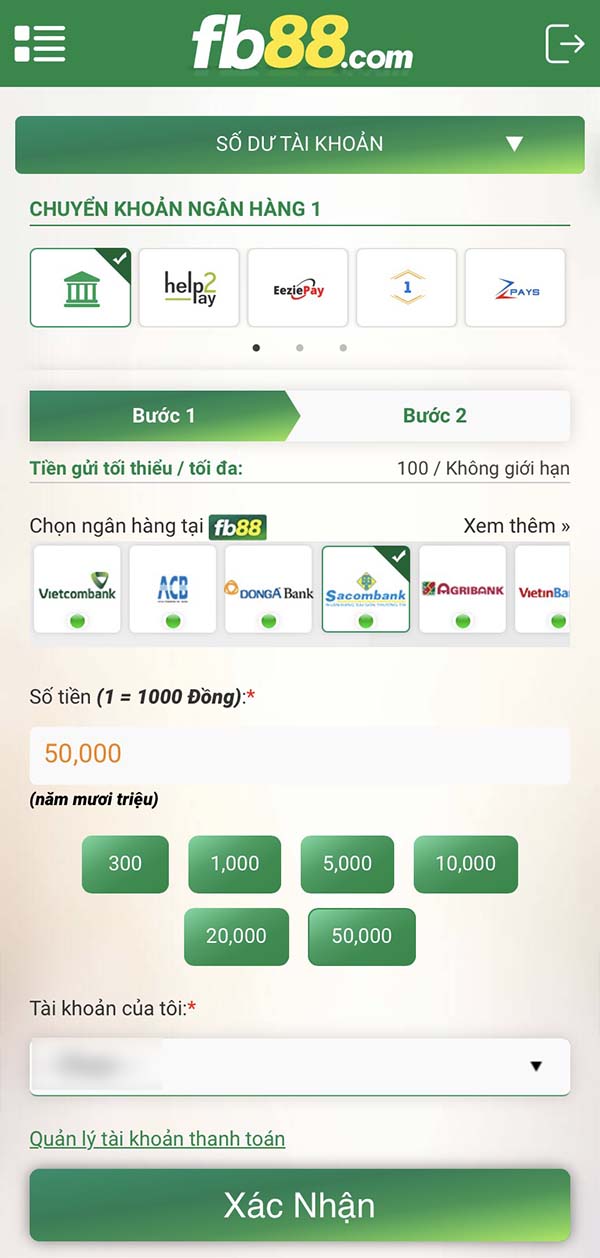 Nạp tiền vào Fb88 bằng internet banking